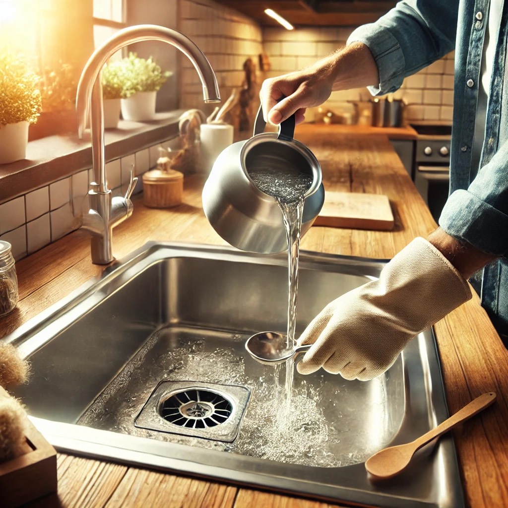 DALL·E 2024-10-01 16.32.55 - A clean kitchen sink with running water, showing a person pouring boiling water down the drain to disinfect it. The image includes clean surroundings,.jpeg
